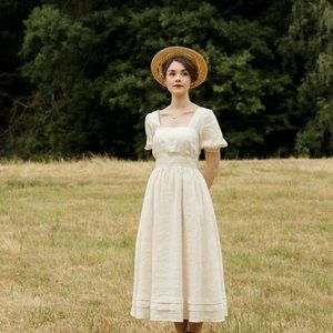Gaâla Paris Alicia Linen Dress - Cottagecore Vintage White Midi Dress